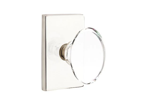 Ensemble de mortaise intérieure Emtek avec rosette rectangulaire moderne et bouton en verre Hampton (LH), Nickel poli