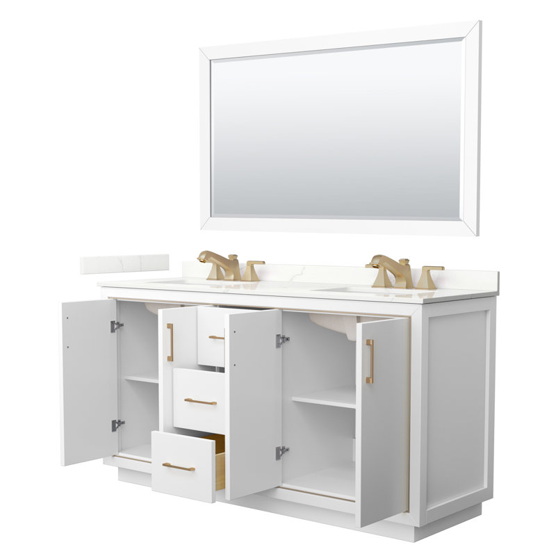 Meuble-lavabo double autoportant 66 po avec plateau en quartz 66 po, Quartz Giotto, Vert clair, Nickel brossé