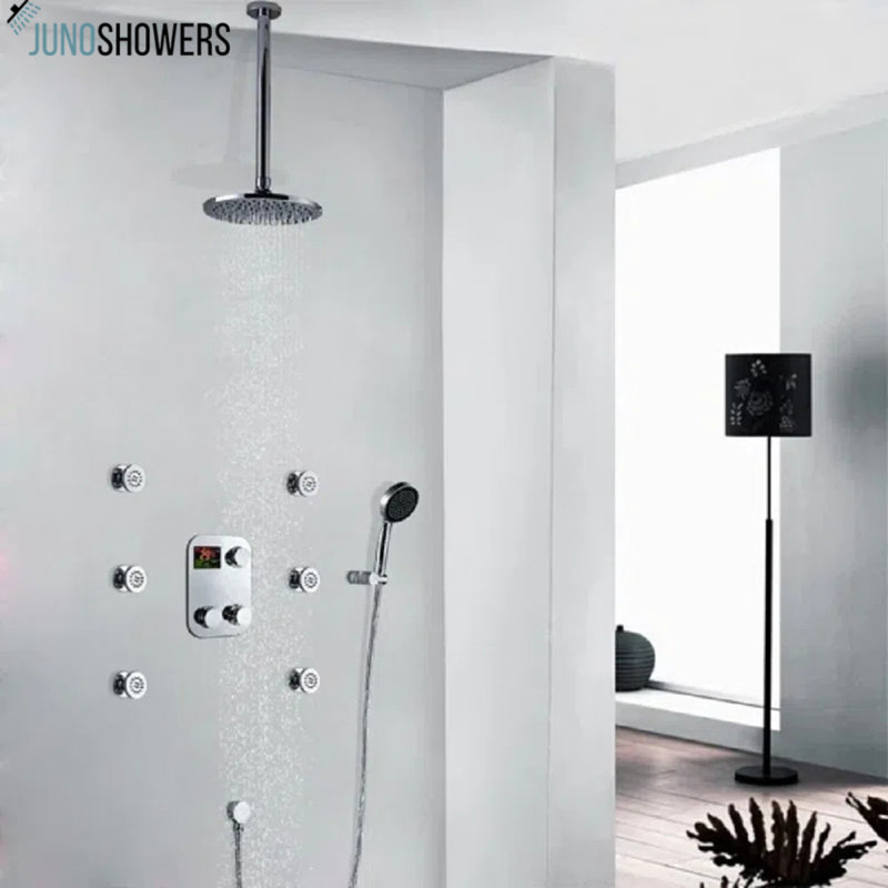 Système de douche thermostatique à fixation au plafond en laiton chromé numérique 16 po Juno