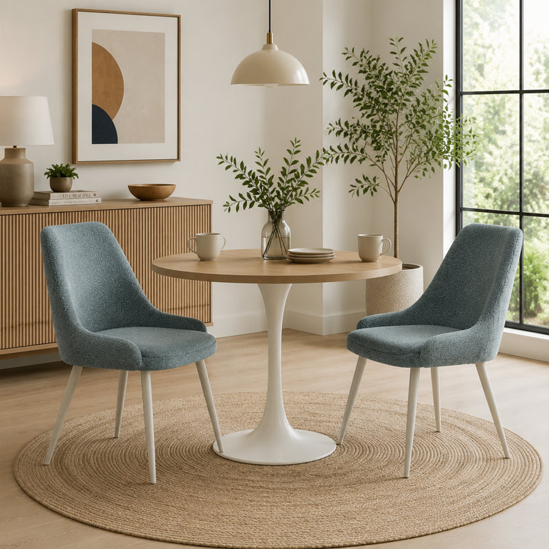 Ensemble de chaises d'appoint 2 pièces Laela - Revêtement bleu clair bouclé, pieds en métal, chaise de salle à manger moderne scandinave