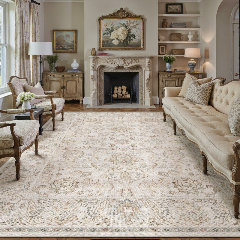 Tapis Elara Vintage Floral lavable à la machine avec envers antidérapant, Rectangulaire 8 pi x 10 pi, Gris