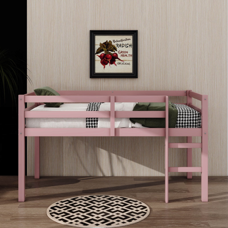 Twin Loft Bed With Guardrails And Ladder, Pink