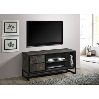 Meuble télé de style Mid-Century Modern 47 pouces en faux bois avec 2 niveaux + 1 tablette et 1 placard, gris rustique 40 cm L x 55 cm l x 140 cm H, bois d'ingénierie, meuble télé monobloc, placards de rangement gris
