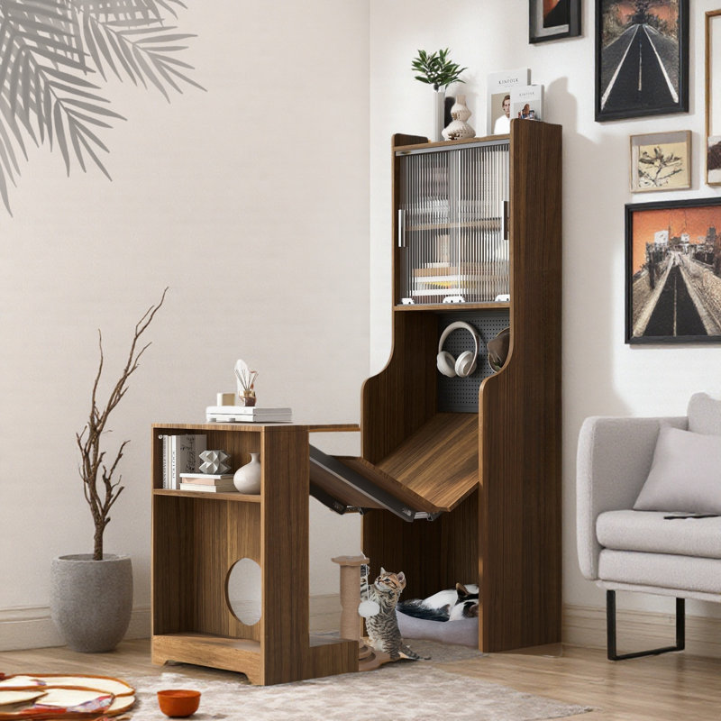 Mid-century Multi-use Extenable Cabinet Desk With Storage Peg Board, Storage Cabinet With Sliding Glass Doors, Led Light, Free Cat Cushion And Cat Toy