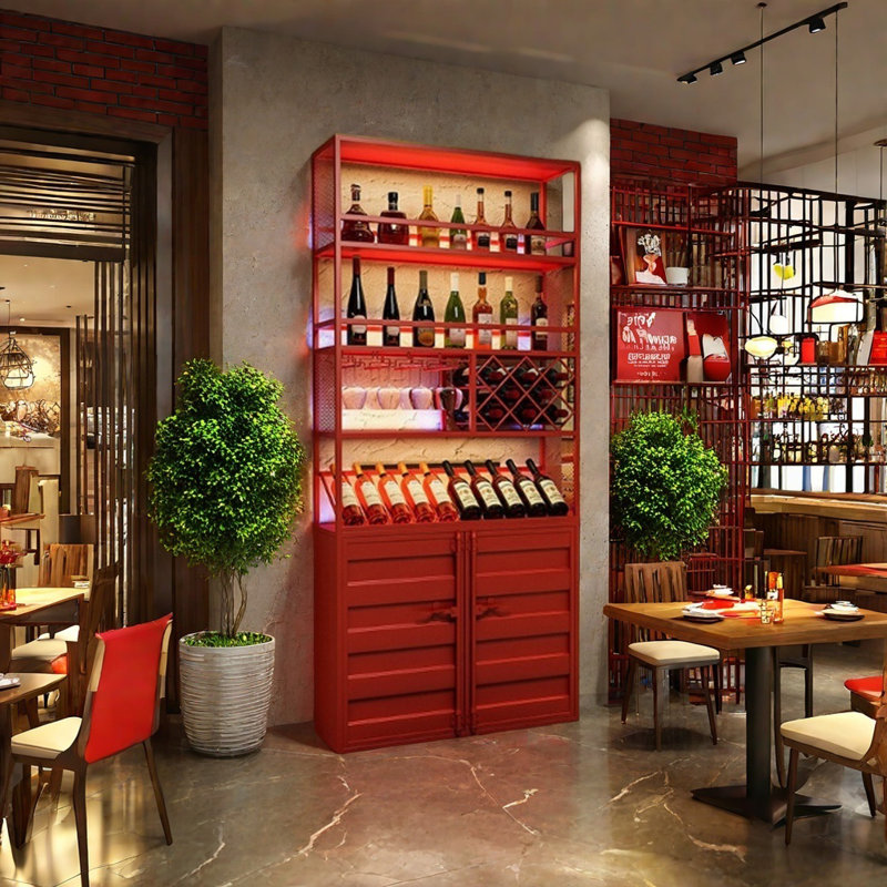 Multi-tier Iron Partition Wine Cooler, 82.6" H x 39.3" W x 11.8" D, Red