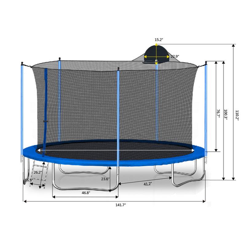 12ft Blue Round Outdoor Trampoline with Safety Enclosure and Basketball Hoop