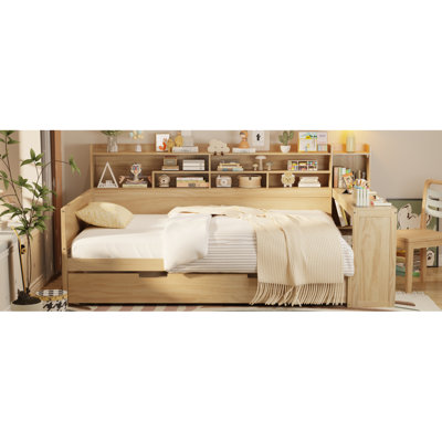 Lit de jour en bois avec tablettes de rangement, lit multifonctionnel avec lit gigogne et bureau d'étude