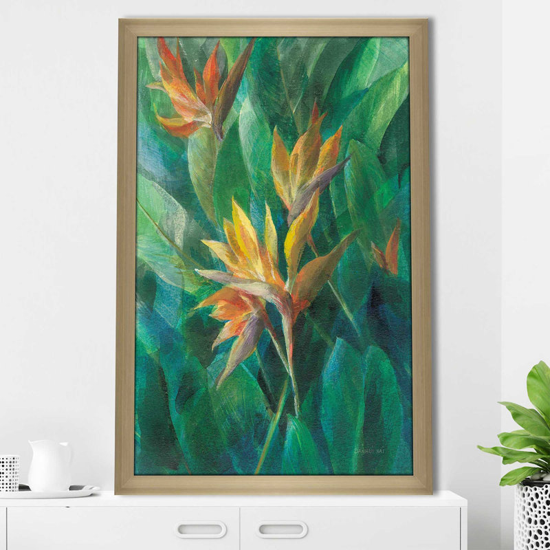 Oiseau du paradis II - Peinture, Encadrement champagne, H 39,5 po x l 27,5 po x P 0,75 po