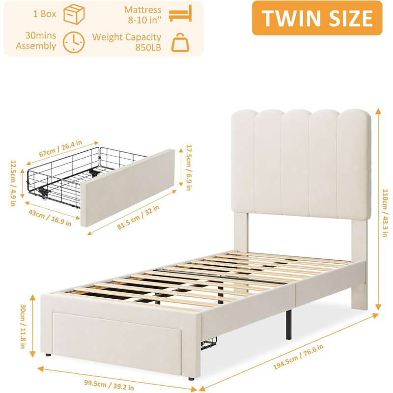 Twin Upholstered Platform Bed with Wave Headboard and Storage Drawer, Velvet White Bed Frame with Wooden Slats, No Box Spring Needed, Set of 2
