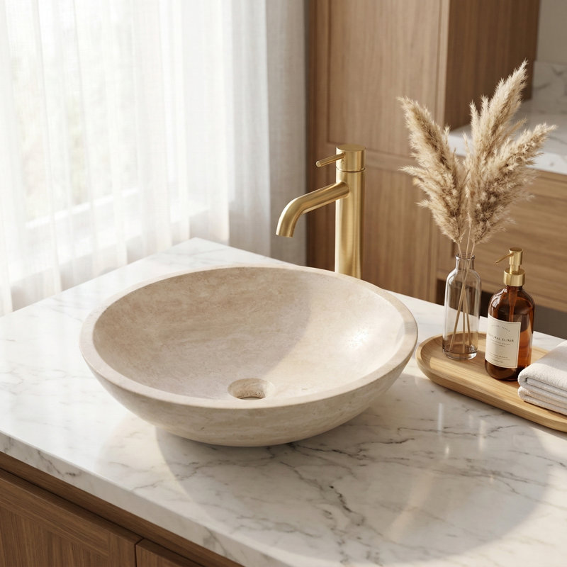 17 Inch Travertine Stone Bathroom Round Vessel Sink, Bowl Basin, Travertine