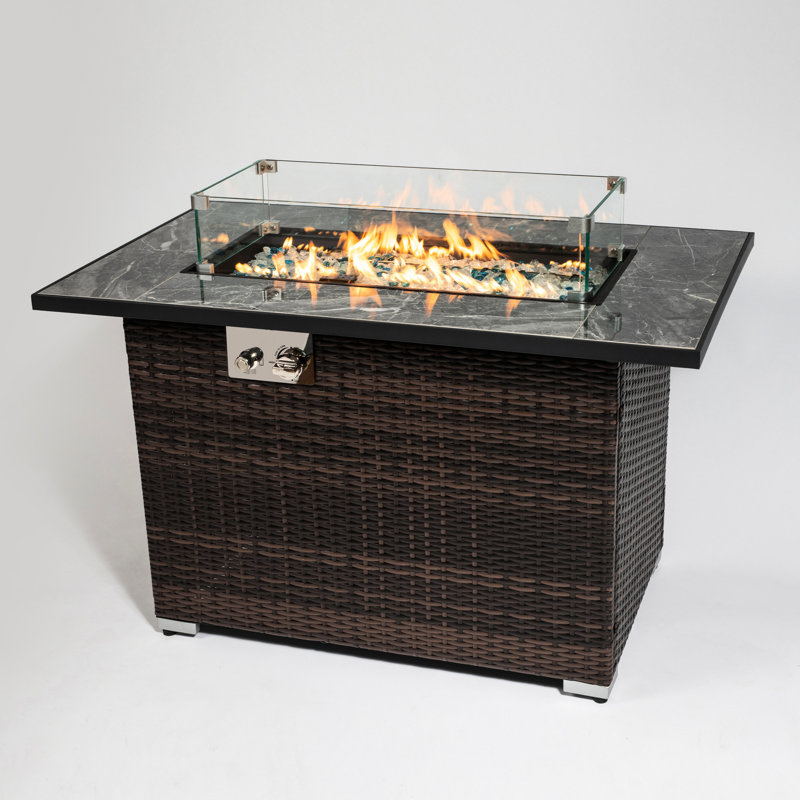 50000btu Propane Fire Pit Table With Ceramic Top, 44inch Outdoor, Rectangular , Lid, Rain Cover, Radiant Glass Rocks, Color Tile Pit, Luminous Dark Brown