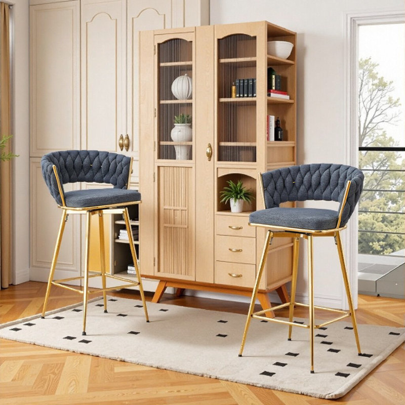 Tabouret de bar pivotant gris foncé moderne avec pieds en métal doré et siège en lin de coton respirant, Doré