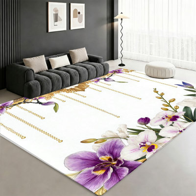 Elegant Orchid Chain Floral Area Rug, Exquisite Flower Vine Pattern, Soft Durable, Machine Washable Non-Slip Floor Carpet, Stylish Indoor Home Decor for Living Room, Bedroom, Entryway, Kitchen, Balcony, Apartment