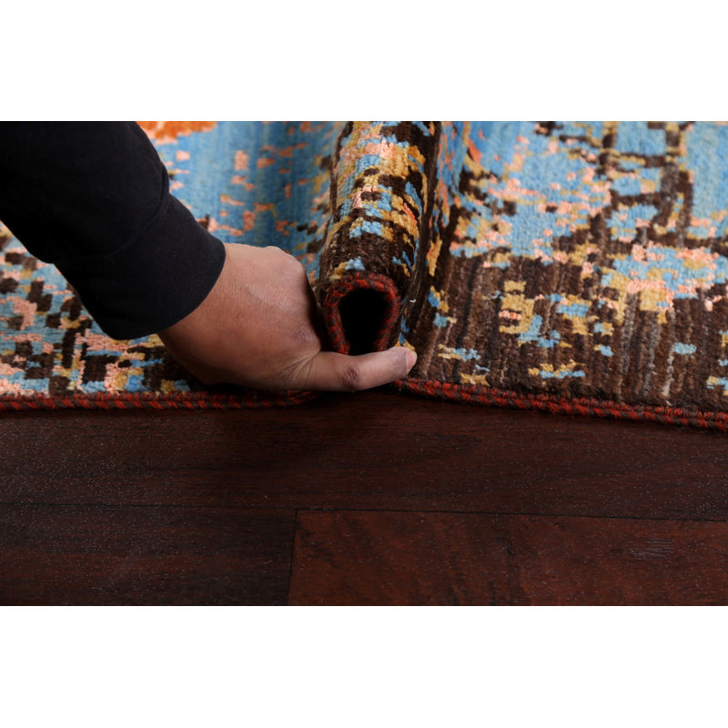 Tapis orange / bleu / brun / corail noué à la main 4 pi x 6 pi 1 po