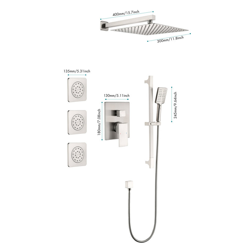 Douche polyvalente avec pomme de douche, douchette à main, jets de corps, buse autonettoyante à système nickel efficace, brossé