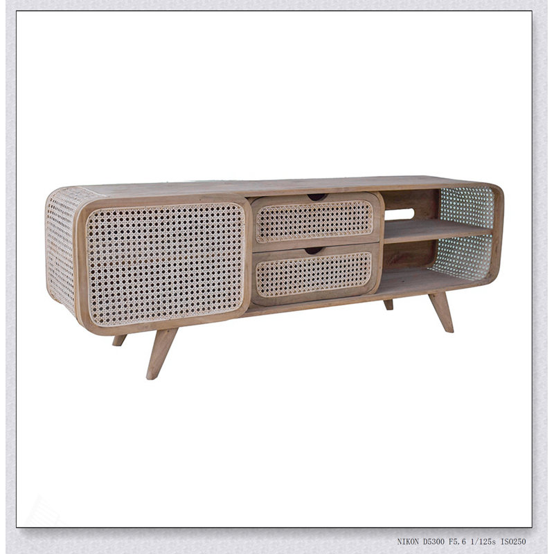 Meuble télé durable en teck avec beaucoup de rangement, parfait pour organiser et améliorer les espaces de divertissement à domicile.