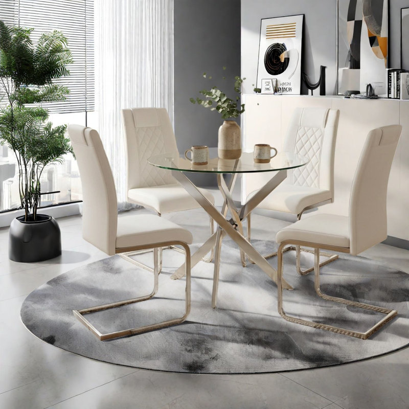 Ensemble de table de salle à manger moderne en verre, structure en métal argenté, peu encombrant pour la cuisine