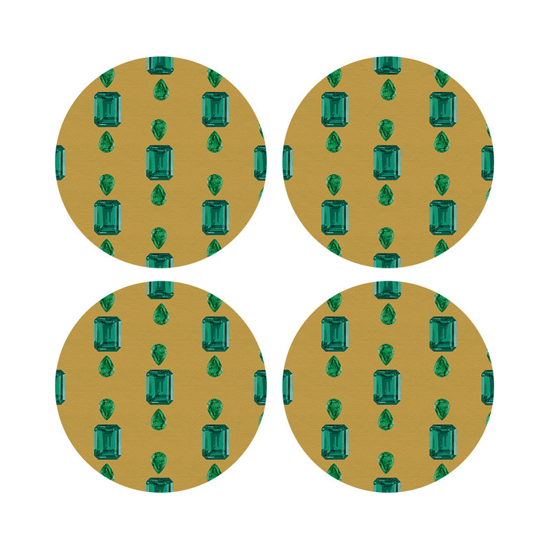 Gem Emeralds Gold Vegan Leather Round Coasters, Gold