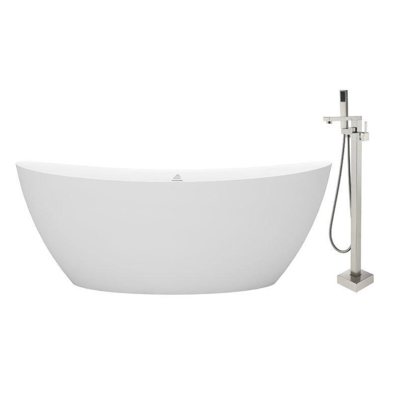 Baignoire autoportante à surface solide de 67 po x l 31 po avec robinet, Nickel brossé