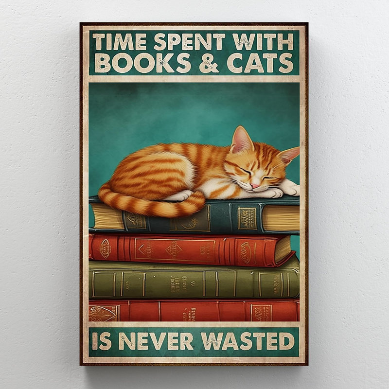 Temps passé avec des livres et des chats sur toile, impression, H 36 po x l 24 po x P 1,25 po