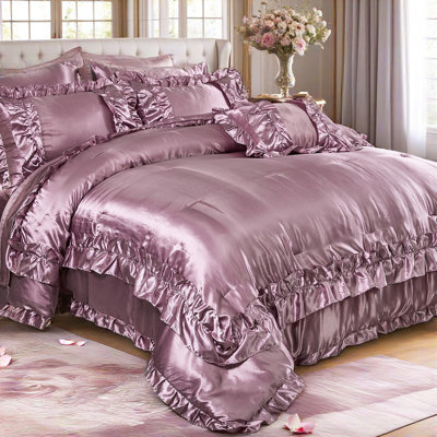 Bean Paste Pink Comforter Set King Size 8 Pieces Silky Bed in a Bag Boho Chic Farmhouse Ruffle Comforter Bedding Set Luxurious Silk Like Satin Comforter Bedding Set for Bedroom Decor