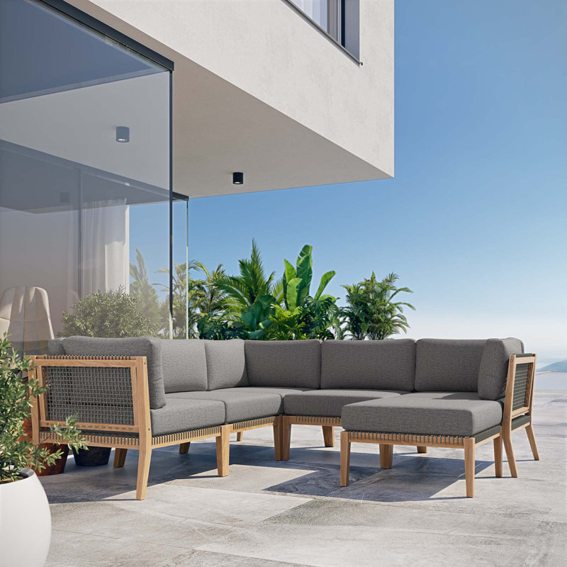 Modway Clearwater Outdoor Patio Teak Wood 6-Piece Sectional Sofa, Graphite