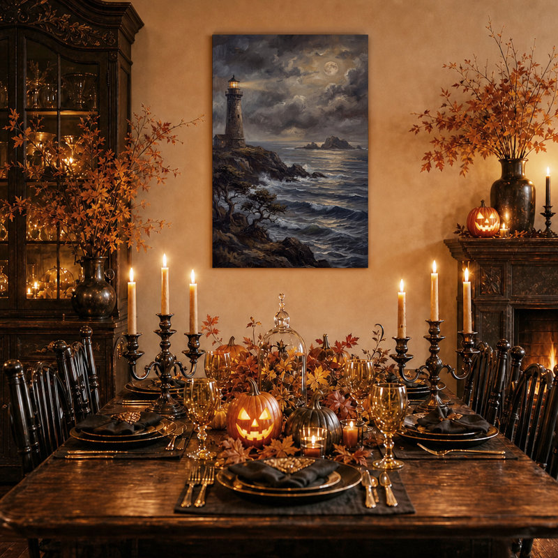 Tableau sur toile d'Halloween représentant un phare au clair de lune sur la côte rocheuse, 40"H x 28"W