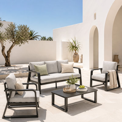 Ensemble de meubles de patio en aluminium avec canapé, chaises, table basse et coussins