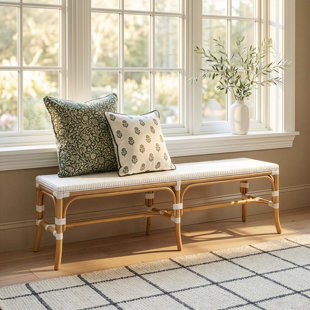 Laguna 66.5 in. W Rattan Backless Accent Bench, White & Navy Blue