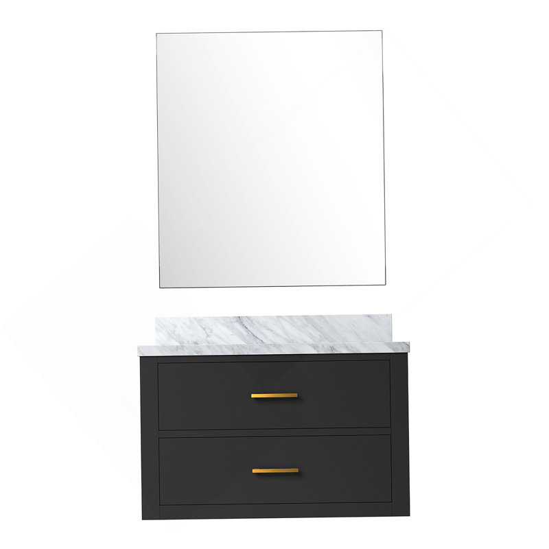 Meuble-lavabo simple 30 po X P 22 po P, comptoir en marbre de Carrare et Miroir, Blanc, Argent argent