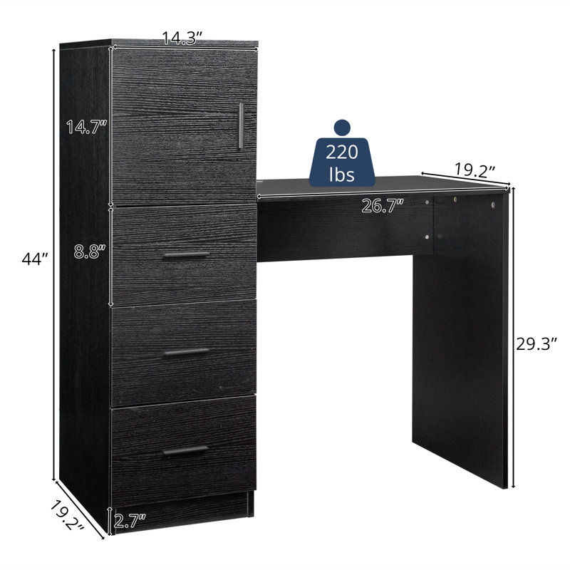 44” Black Office Desk with Cabinet & 3 Drawers Computer Desk Power Outlet and USB Ports, Black