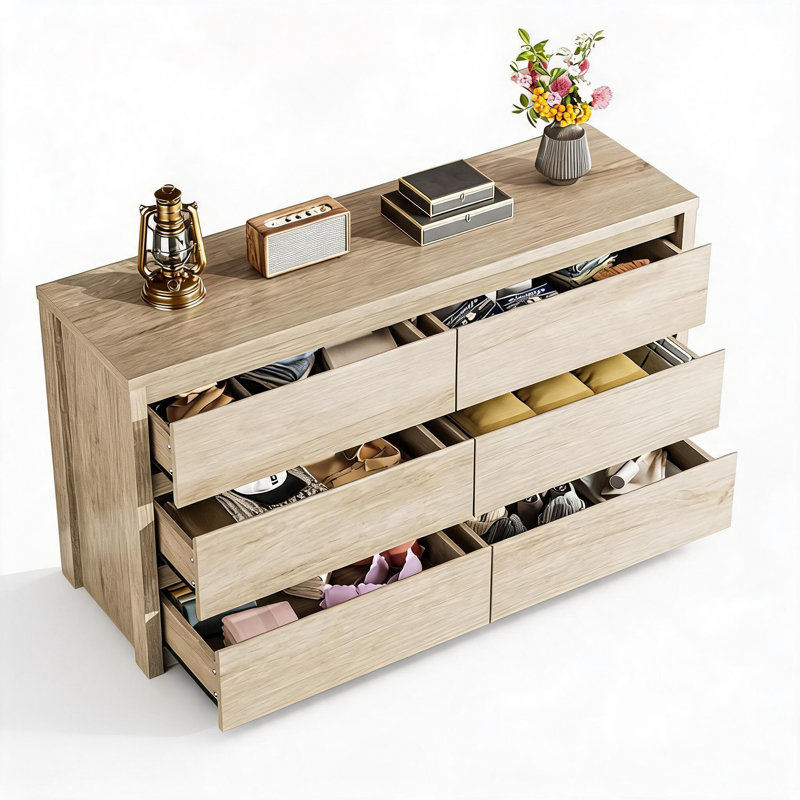 Commode moderne à 6 tiroirs sans poignée - Commode de rangement large en bois - Tiroirs de grande capacité - Idéale pour la chambre à coucher, le salon, le couloir ou l'entrée - Couleur grain de bois