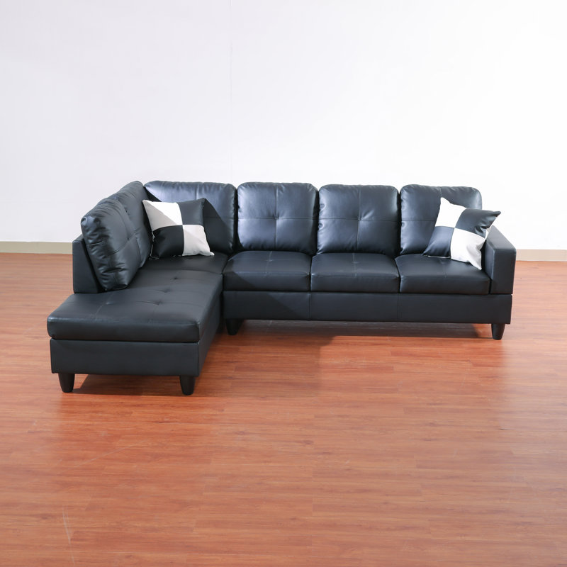 Mavretta Upholstered Sectional, Black Pebbled Faux Leather, Left Hand Facing
