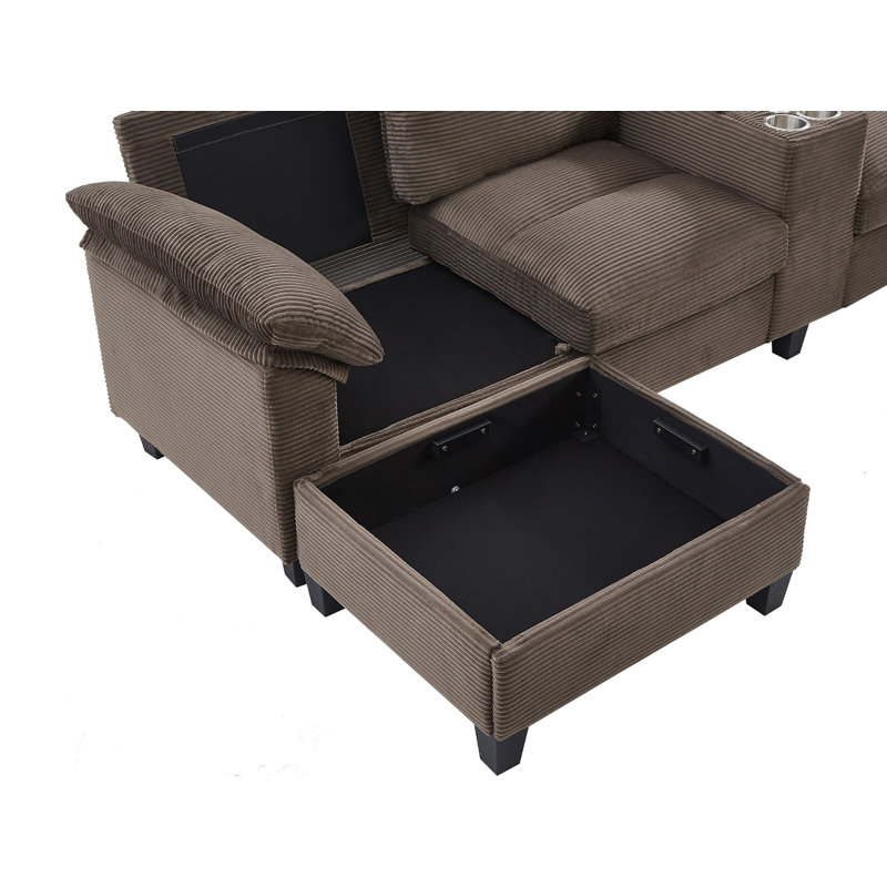 117" Oversized U-Shaped Sofa With 2 Storage Ottomans, Brown Corduroy