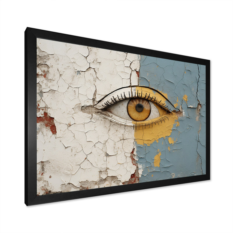 «Yellow and Grey Eye Expression», art mural œil, Cadre d'angle fermé noir, H 12 po x l 20 po x P 1 po