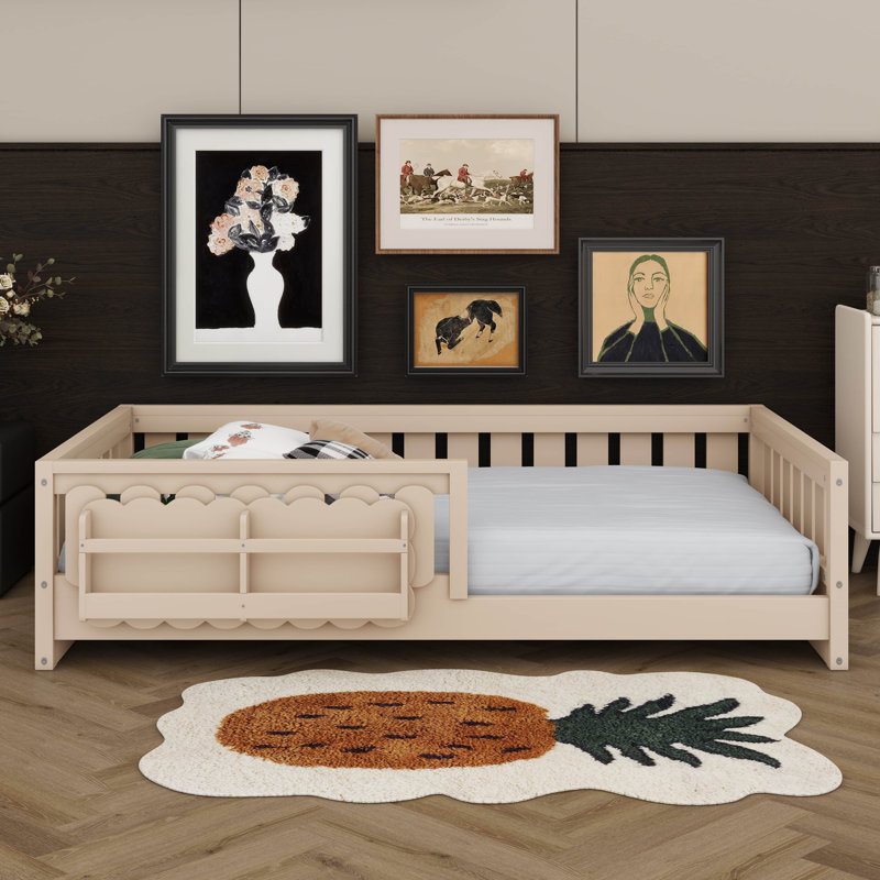 Lit plateforme simple avec garde-corps et tablettes de rangement, lit au sol avec clôture semi-fermée pour garçons filles