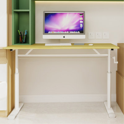 47" Wide Manual Height Adjustable Standing Desk with Hand Crank, Ergonomic Sit-to-Stand Study Desk - Natural Wood Top & White Frame