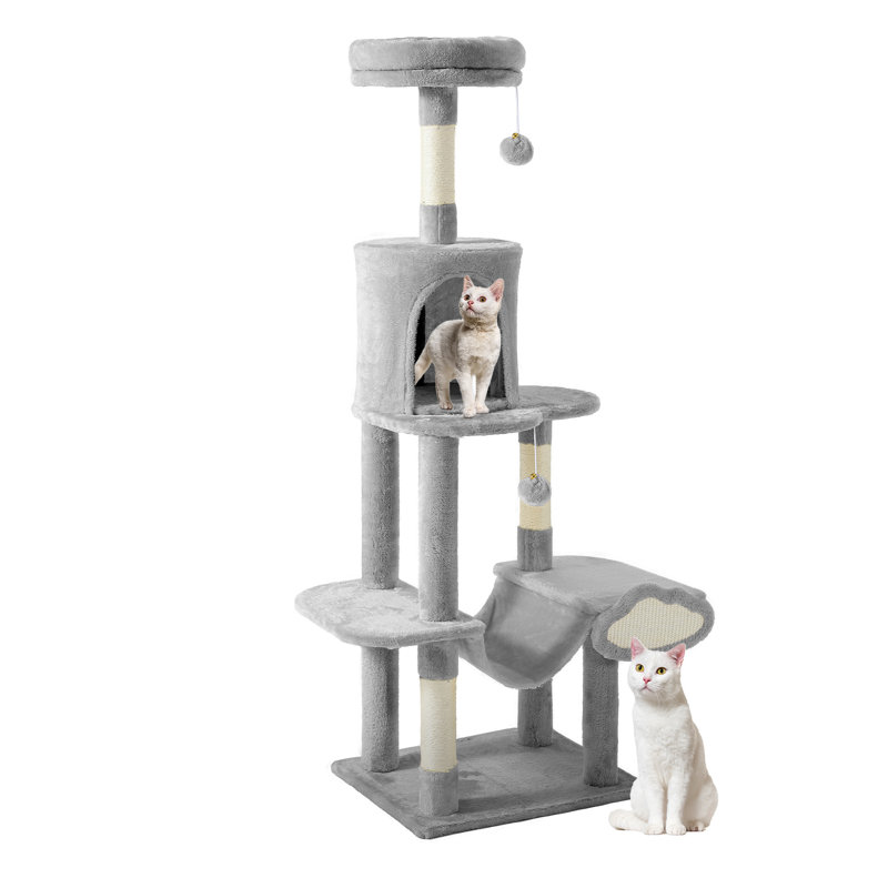 Cat Climbing Tree With Hammock, Scratching Posts, Two Dangling Balls, And Plush Hideaway, Cat Tower For Apartment, Grey