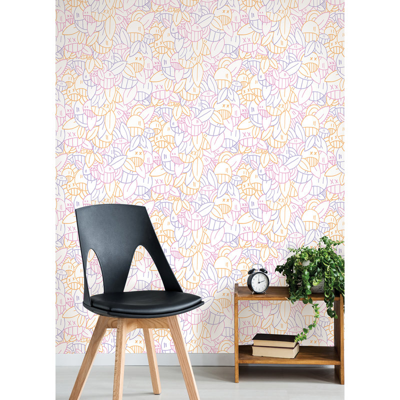 Papier peint adhésif jaune avec arrangements audacieux, Rose / orange