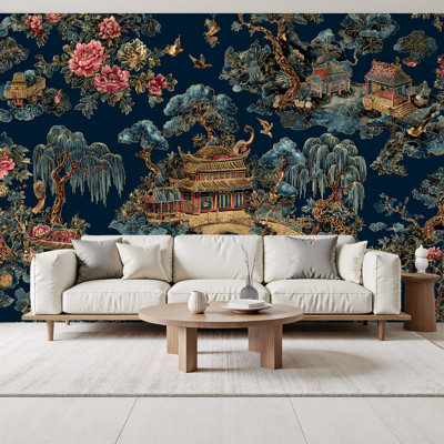 Papier peint adhésif chinoiserie Chinoiserie paysage rétro floral antique bleu marine, vert, dragon, murales, 69 po x l 96 po, amovible, papier peint mural auto-adhésif pour chambre à coucher, bureau à domicile