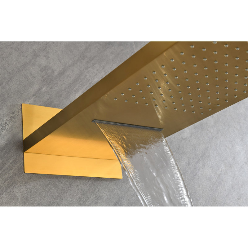 Douche de salle de bain avec tête de douche à pluie et poche - Accents rectangulaires en laiton doré