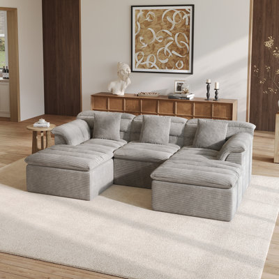 112" Modular U-Shape Cloud Sofa with Deep Seating, Corduroy Couch, No Assembly Required, Light Gray