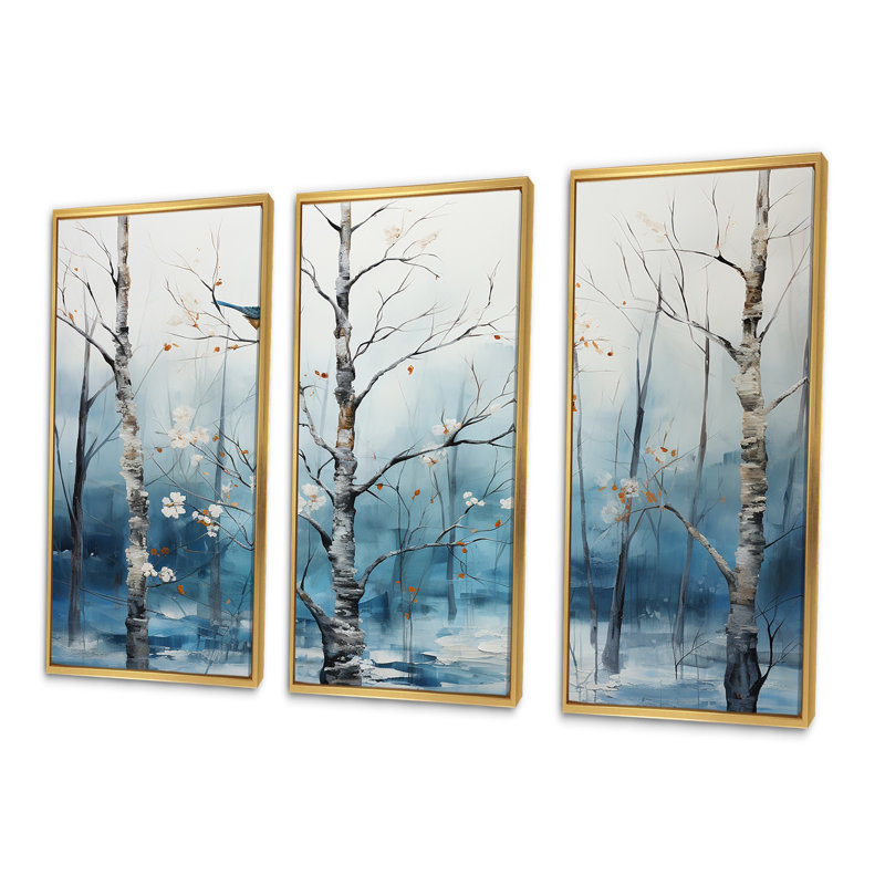 «Blue and White Forest Winter Harmony II», ensemble de décoration murale forêt, Cadre flottant doré