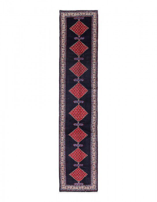 One-of-a-Kind 2'8'' X 13'11'' 1970s Area Rug in Navy Blue/Red/Beige