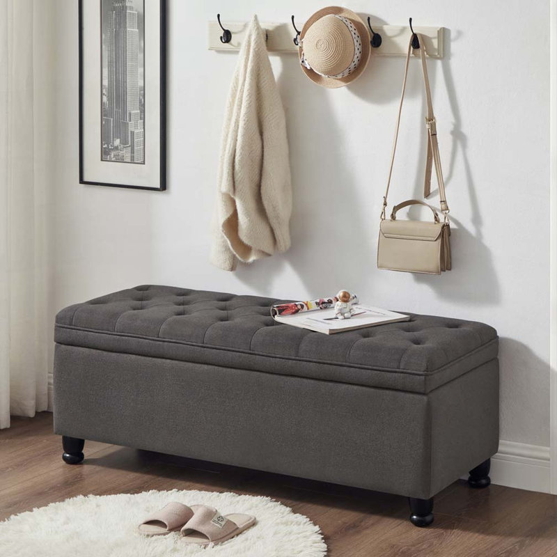 Banc de rangement rembourré capitonné, Gris foncé