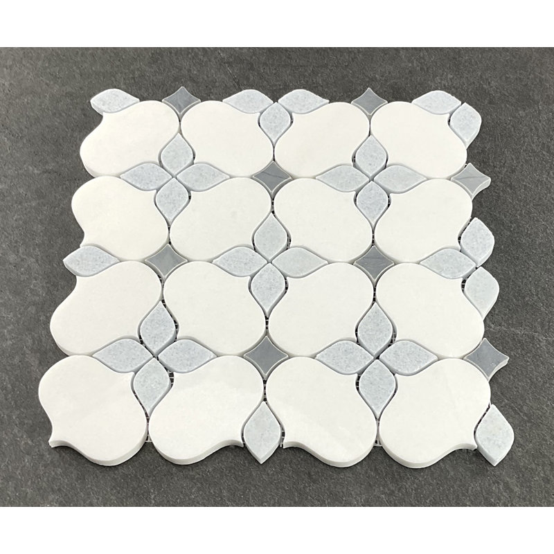 Carrelage mural en mosaïque fantaisie en marbre 6 po x 6 po Water Jet, Thassos blanc / bleu céleste / Bardiglio