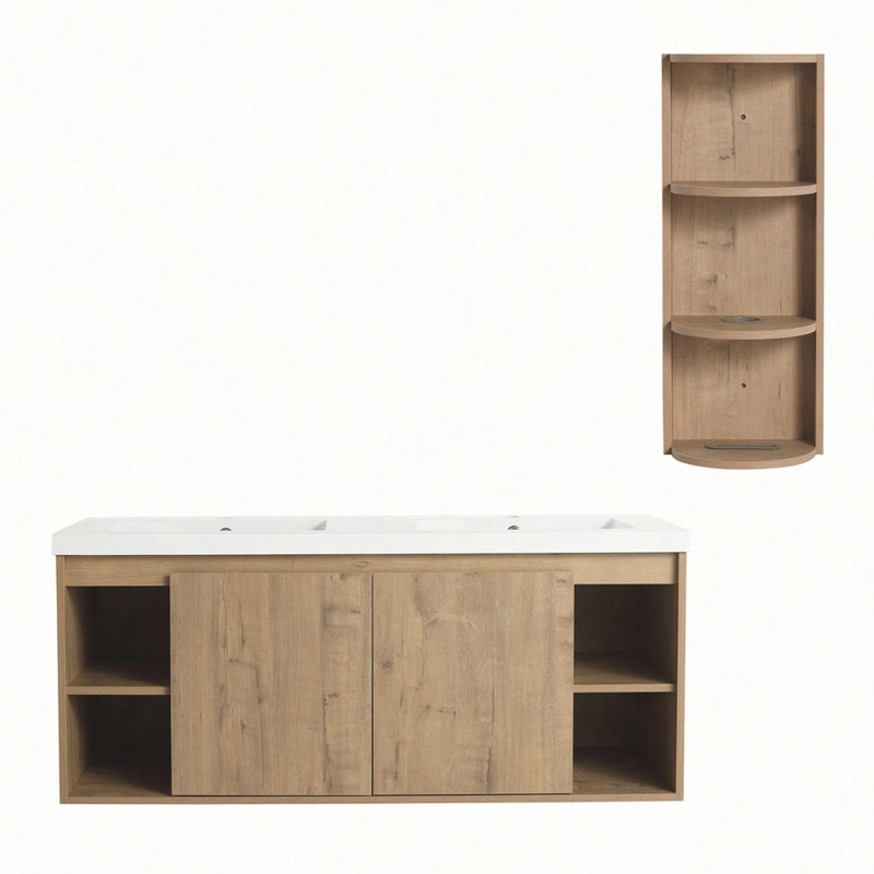 Meuble-lavabo mural 48 po avec double lavabo et support de rangement, portes à fermeture douce