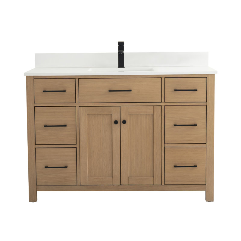 49 po X P 22 po P 33,75 po Meuble-lavabo autoportant simple H en chêne blanc avec comptoir en quartz