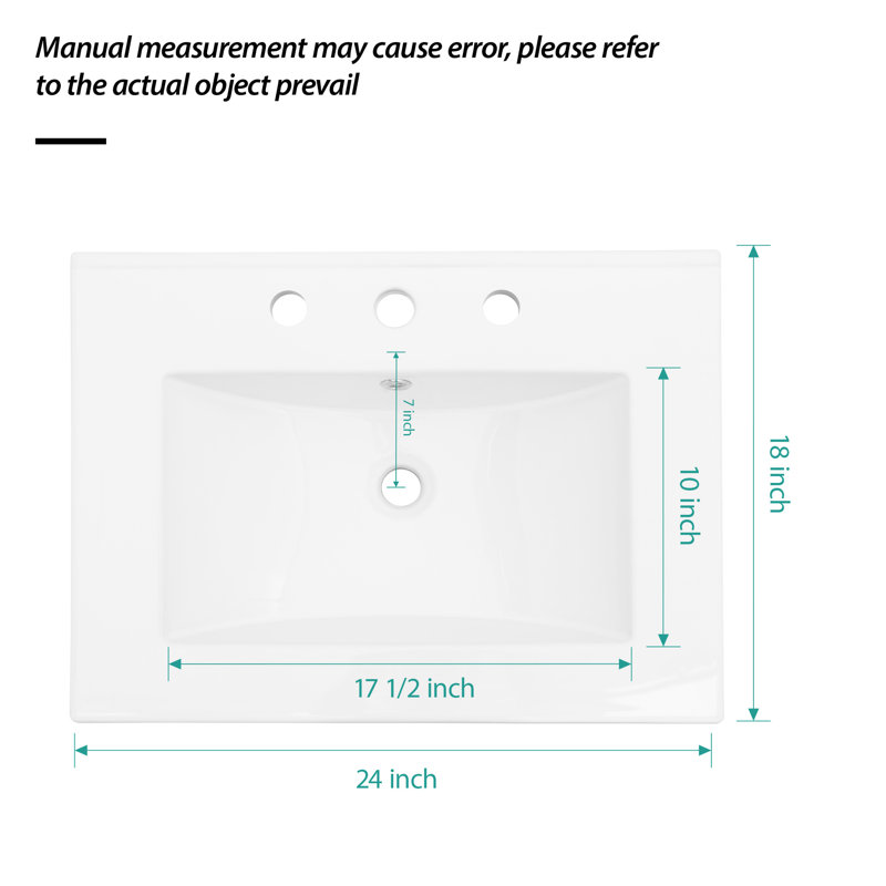 Comptoir de meuble-lavabo en céramique blanc 24 po x 18 po - Teinture, trop-plein, 3 trous de robinet, comptoir spacieux et spacieux