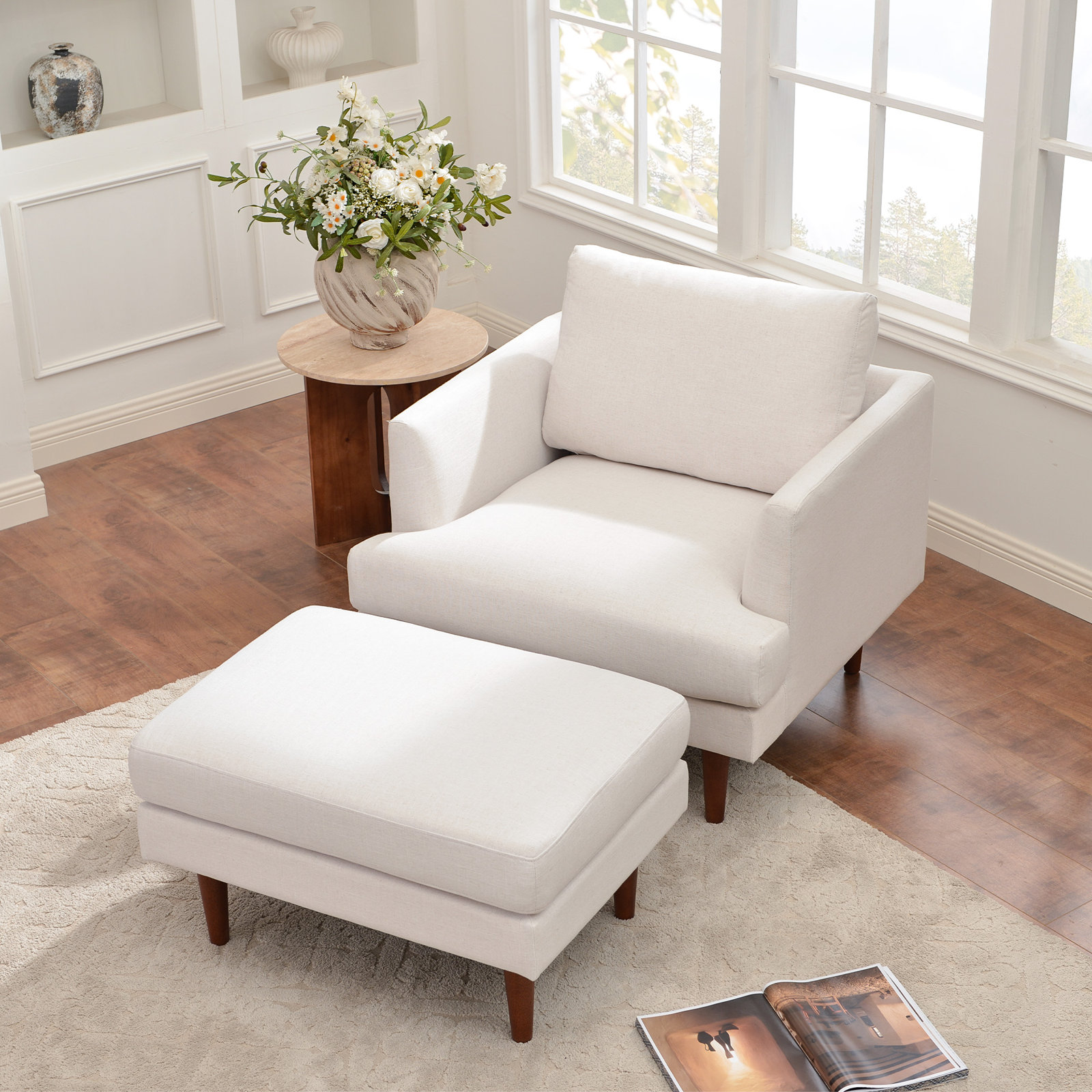 Miller 35'' W Upholstered Armchair With Ottoman, Ivory Linen Blend